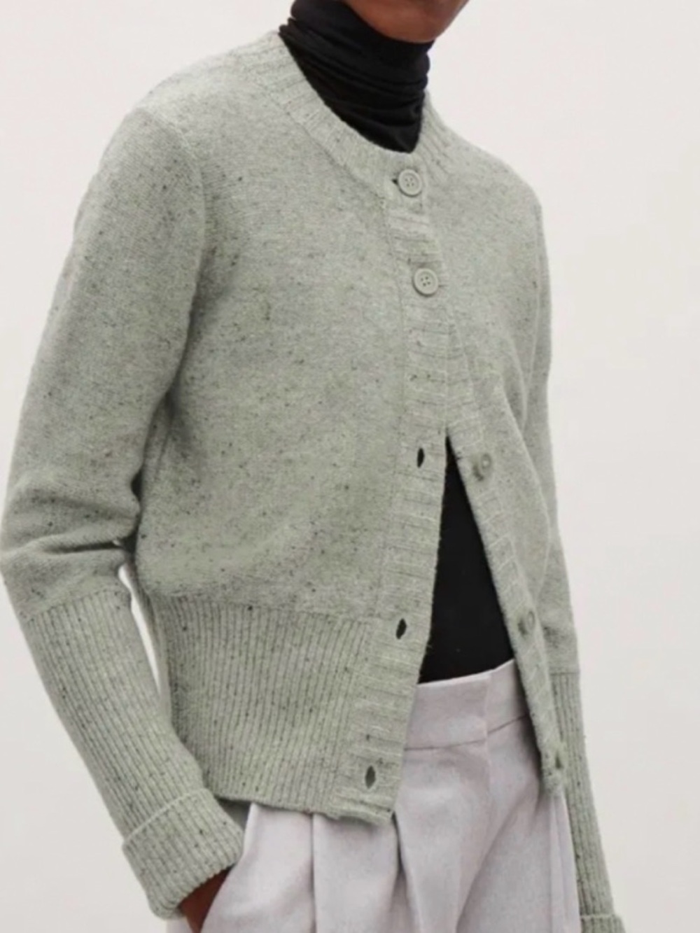 COS Cardigan Chunky Wool Celadon Green Speckle Button Front Waist Length EU Med